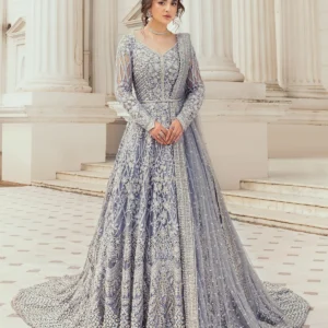 Home luxury silver grey heavily embroidered maxi – bridal wear (dz#444)