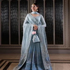 luxury ice blue maxi dress with dupatta – elegant festive wear (dz#482)